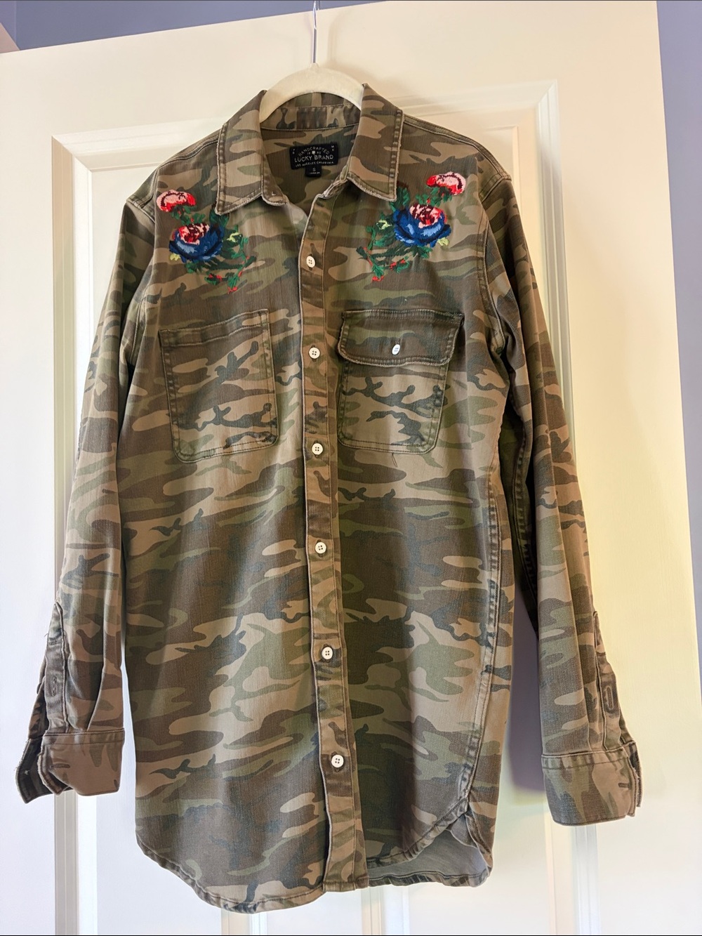 Lucky Brand Camouflage Button-Up Shirt with Floral Embroidery